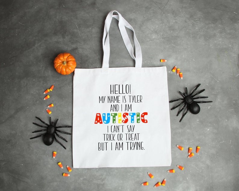 Customized trick-or-treat bags help nonverbal children have an inclusive Halloween experience.