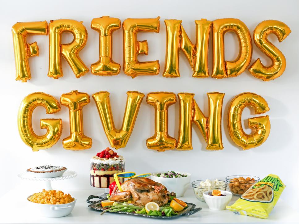 Friendsgiving party spread, inclusive friendsgiving