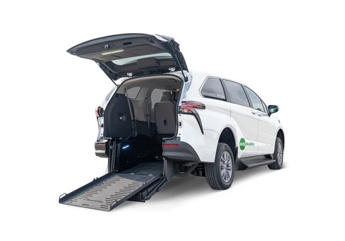 A May Mobility Toyota Sienna Autono-MaaS modified with BraunAbility's ADA-compliant wheelchair ramp.