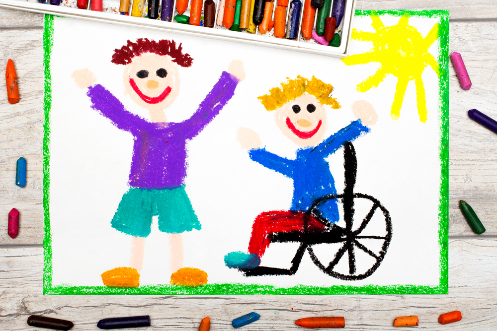 picture of happy child standing and happy child in wheelchair
