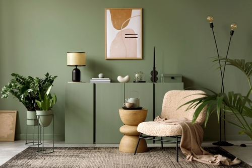 Green painted room with seating chair