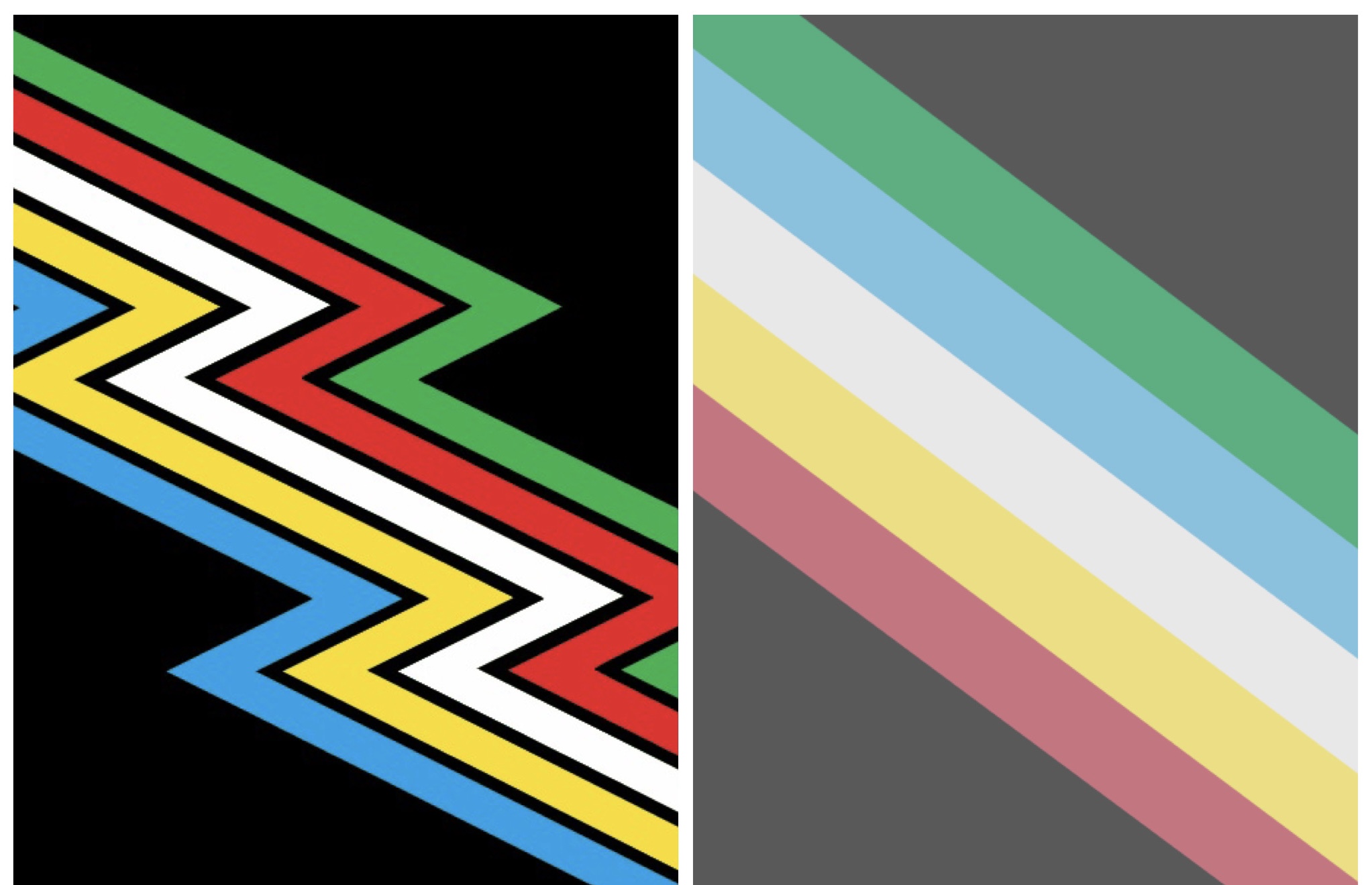 Thanks to input from the disability community, the original design of the disability pride flag (left) was updated in 2021 (right) to be more accessible.