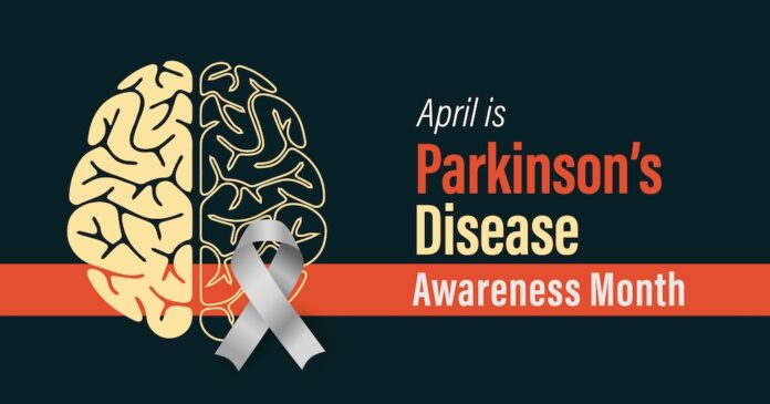 Parkinson's Disease Awareness Month campaign banner. Progressive degeneration of nerve cells. Brain disorder.