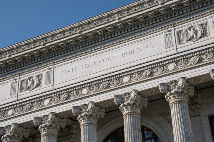 Stone facade of New York State Education Building in Albany, New York