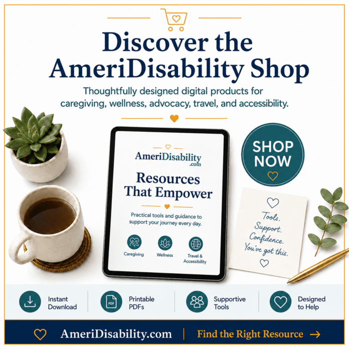 Ad image promoting AmeriDisability online digital shop. Image has a white background, navy blue text and boarder.