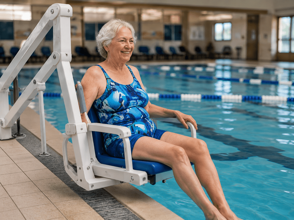 Senior woman sitting in an accessible pool lift.