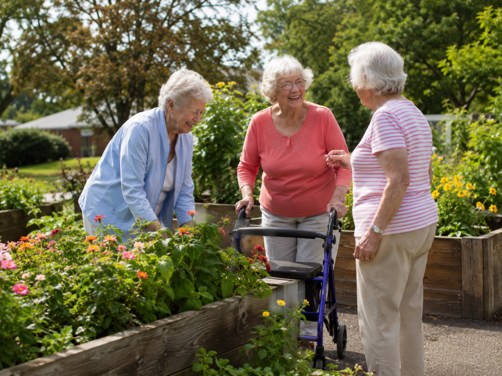 Three senior woman outside in a flower garden. One senior lady is using a walker.
