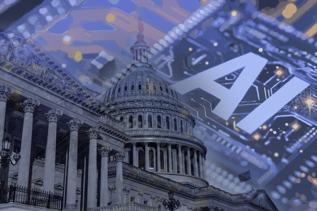Photo of the United States Capitol with overlayed computer circuitry. The regulation of ai will be important in the changing world