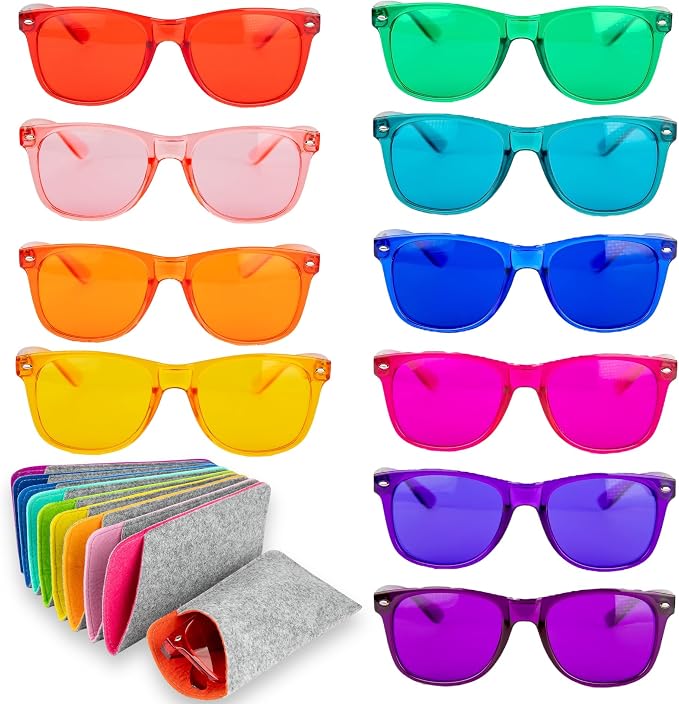 10-Pack of Color Therapy Glasses with Matching Cases - Healing Colored Chromotherapy Chakra Light Therapy Glasses Eyewear to Support Mood, Relaxation, Focus & More - Colorful Sunglasses