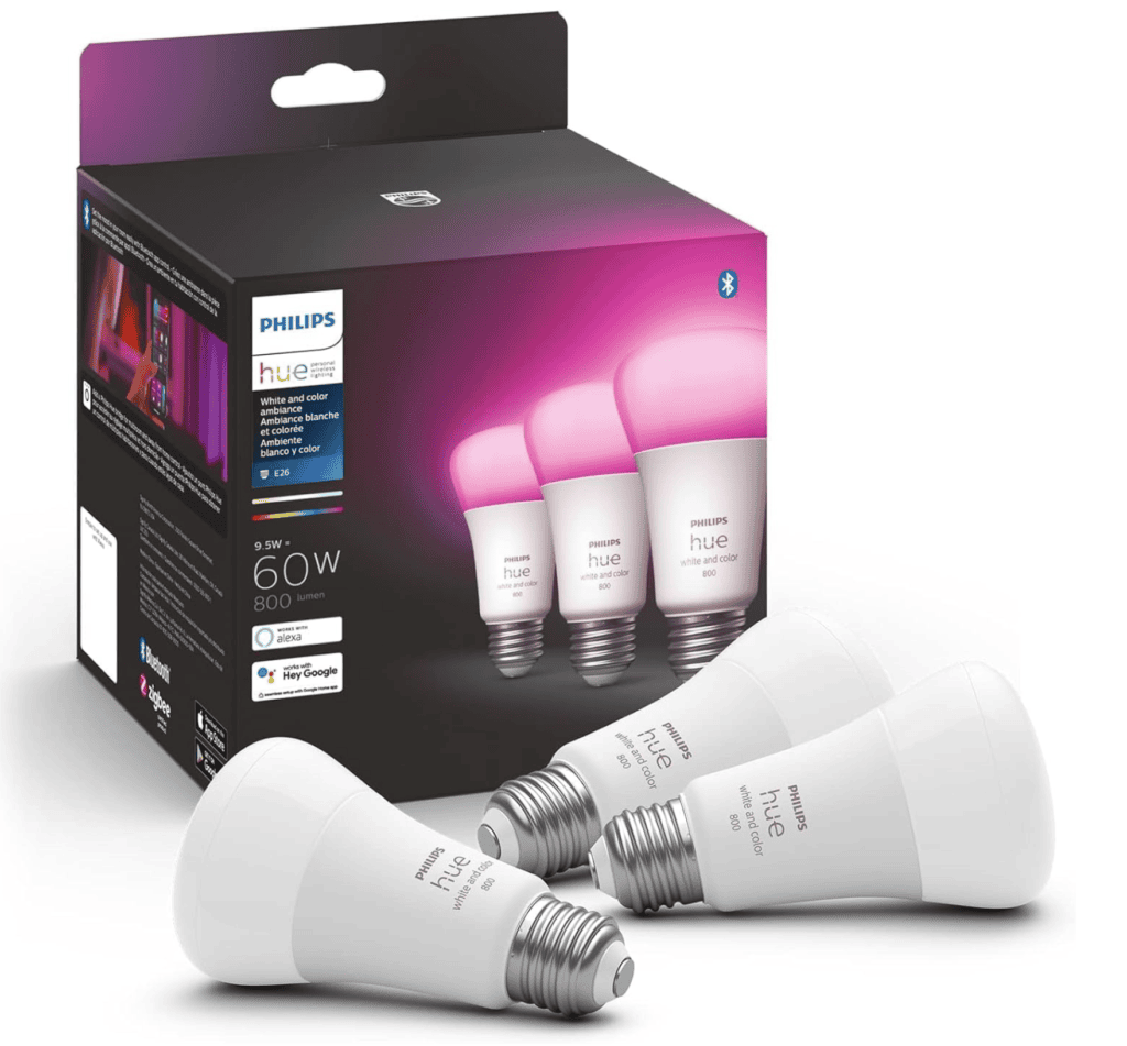 Philips Hue A19 LED Smart Light Bulb 3-Pack - White and Color Ambiance - 60W Indoor Light Bulb - Control with Hue App - Works with Alexa, Google Assistant