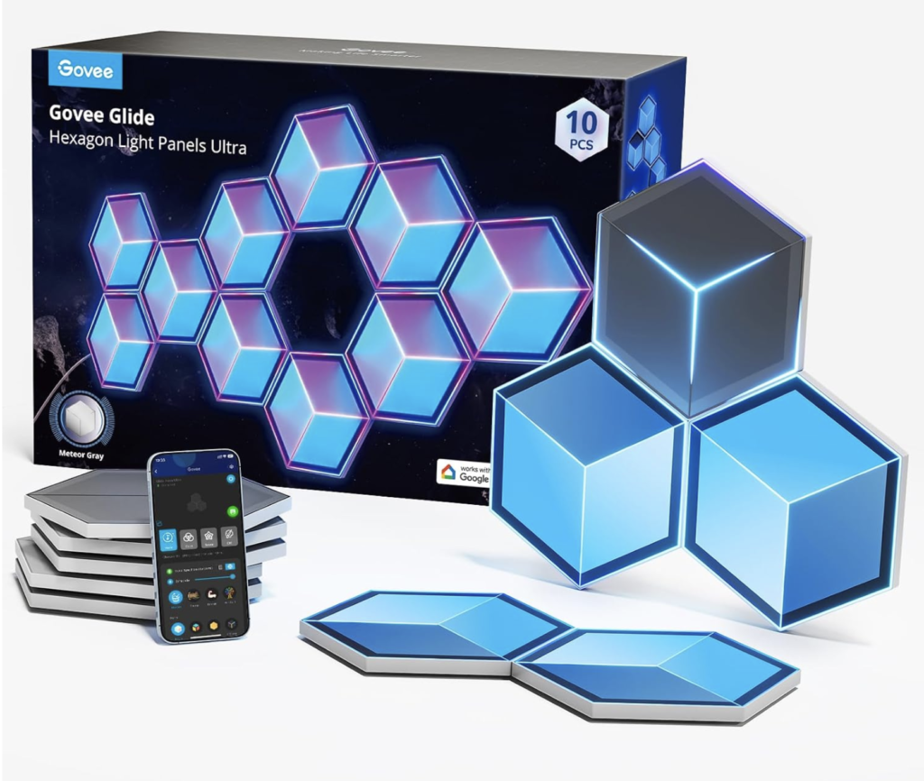 Govee Glide Hexagon Light Panels Ultra, RGBIC 3D Wall Lights with DIY | 60 Scenes and 129 Lamp Beads