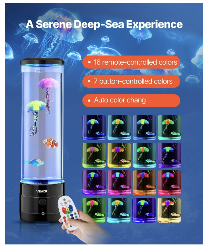 VEVOR Sensory Bubble Tube Lamp, 16 Color Changing Light Effects, Water Fish Lamp with Built-in Bluetooth Speaker & White Noise, Fake Aquarium Tank Night Light for Bedroom Living Room Home Decor