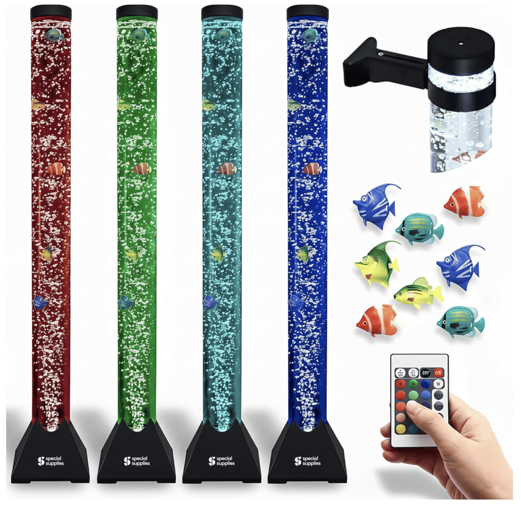 Special Supplies Aquarium Sensory Fish Bubble Light Tube with 16 LED Color Changing Nightlight Effect, Remote Control and Fish Colorful Floor Standing Lamp for Kids and Adults