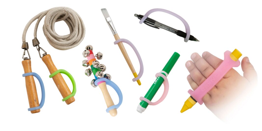 A variety of EasZyHold grips showcased onto a pencil, pen, a child's hand, jump rope handles and a child's musical bell toy.