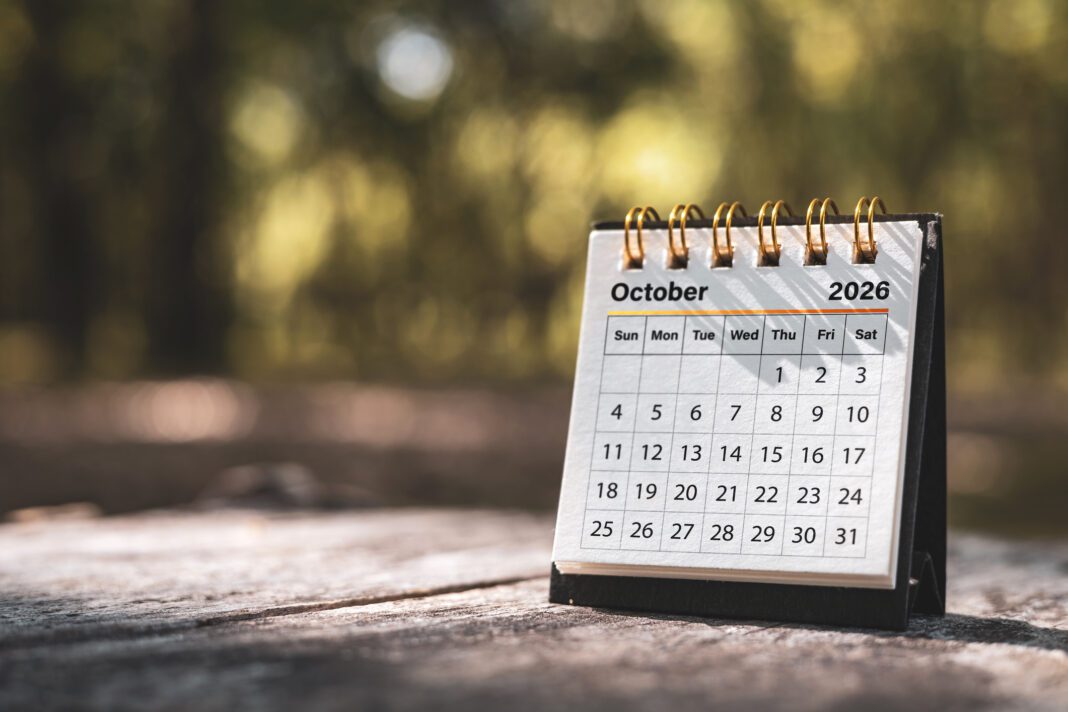 Calendar page October of the year 2026 on a natural background, with copy space and business design. Concept of monthly planning, important schedules, meetings, and appointments.
