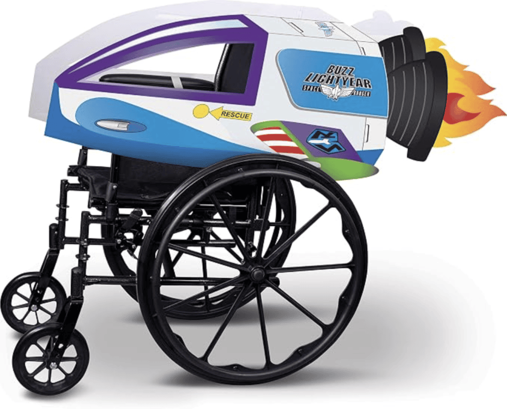 Buzz Lightyear adaptive wheelchair costume by Disguise. Sold on Amazon.