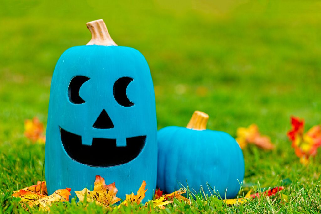 Two teal pumpkins outside on the grass.
