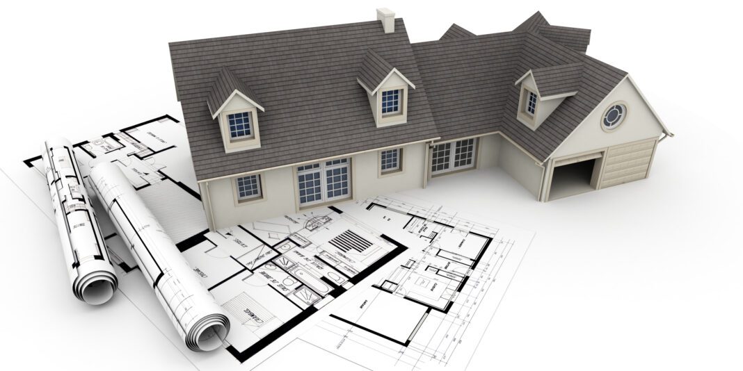 3D rendering of a house on top of blueprints