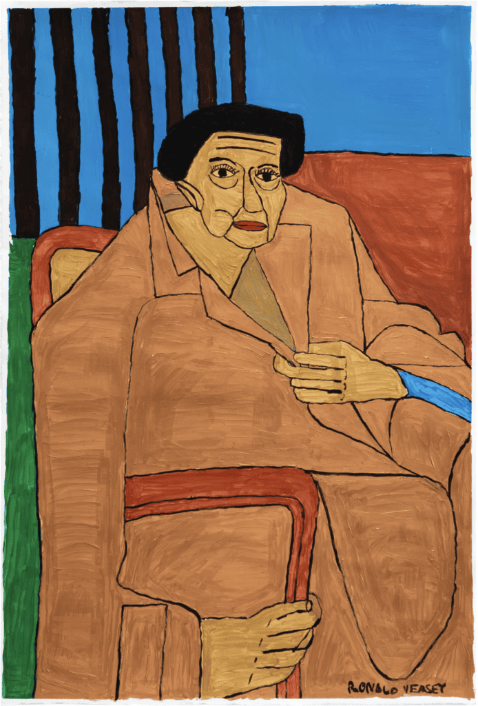 Portrait of a lady in a coat sitting in a chair. The background is vivid blue with black stripes on the left side, the woman has black hair, brownish skin, her coat is tan and the chair trim is red.