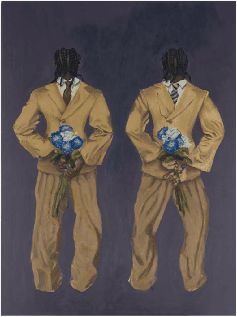Two people wearing golden-yellow suits stand against a nickel-gray background in Flip Side, an acrylic painting on canvas measuring 40 x 30 inches. 