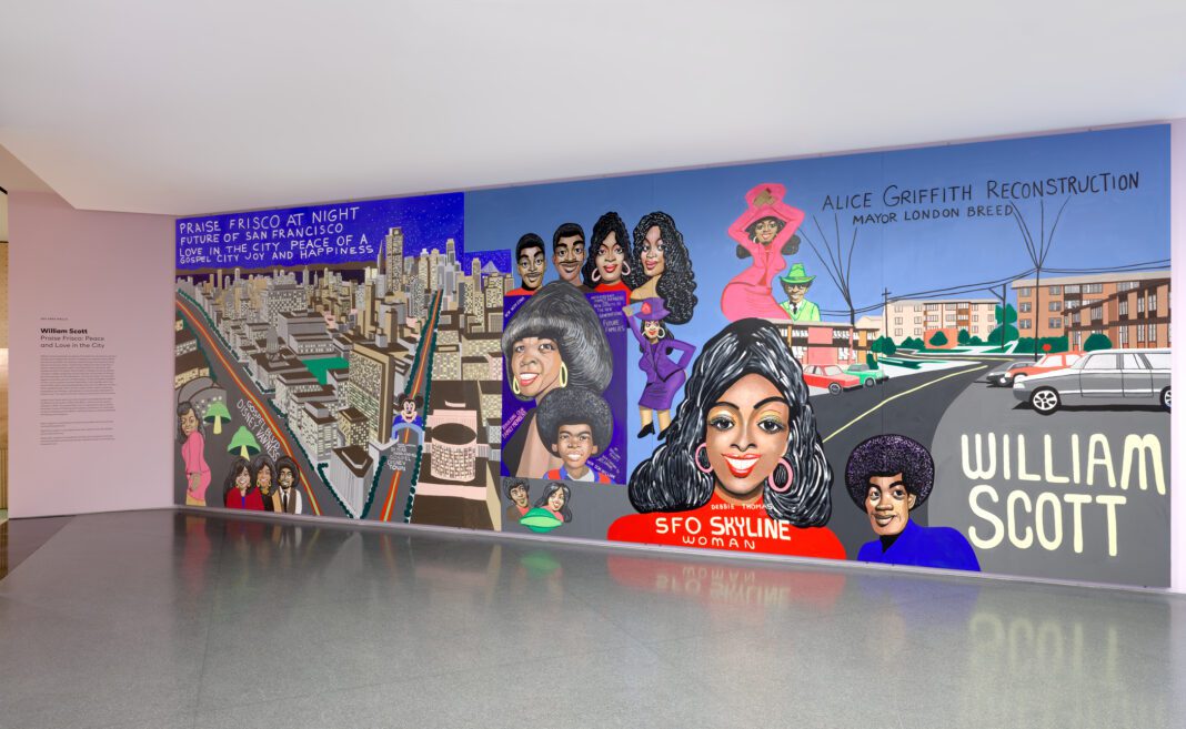 Installation view of William Scott’s mural ‘Praise Frisco: Peace and Love in the City,’ 2024 at SFMOMA. (Photo by Don Ross; Courtesy of SFMOMA)