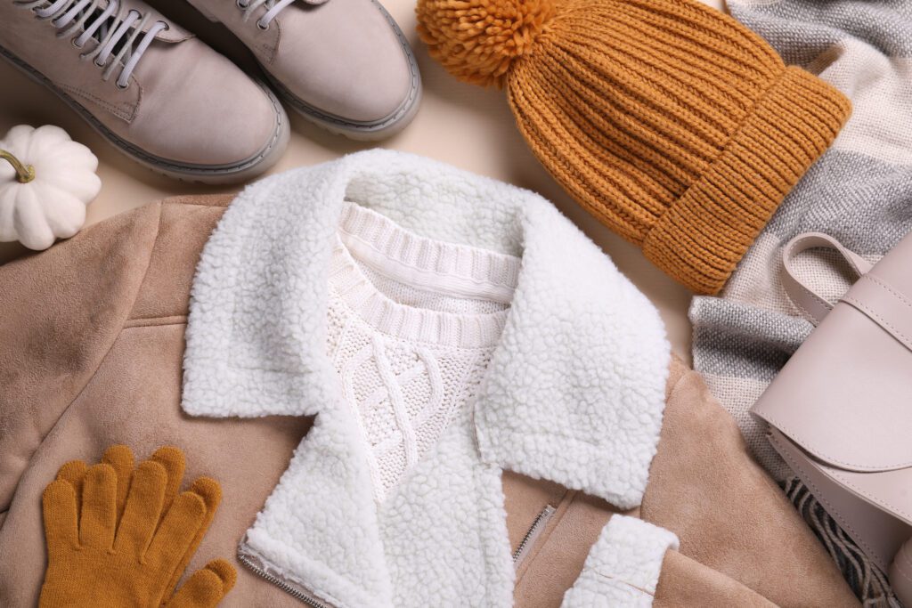 Fall fashion. Layout with woman's outfit, top view