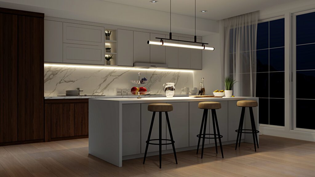 Minimalistic kitchen interior design. Cozy kitchen with breakfast bar, chairs, white fronted cabinets, panoramic windows and wooden floors. Stylish apartment with furniture. Realistic 3D renderin