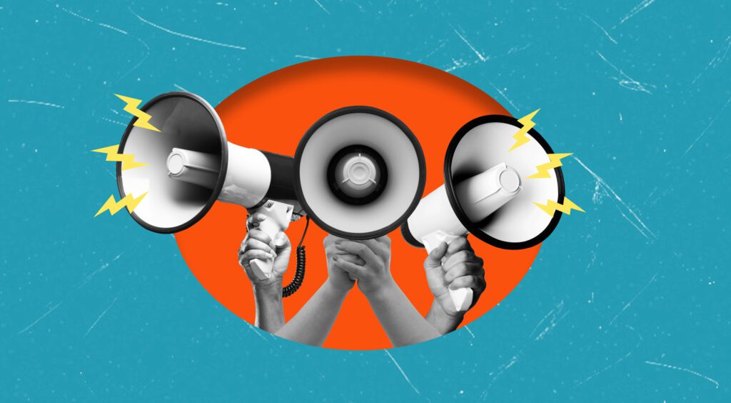 Hands hold three distinct megaphones, projecting voices of passion and advocacy. The colorful background enhances the energy and urgency of the gathering focused on social causes.