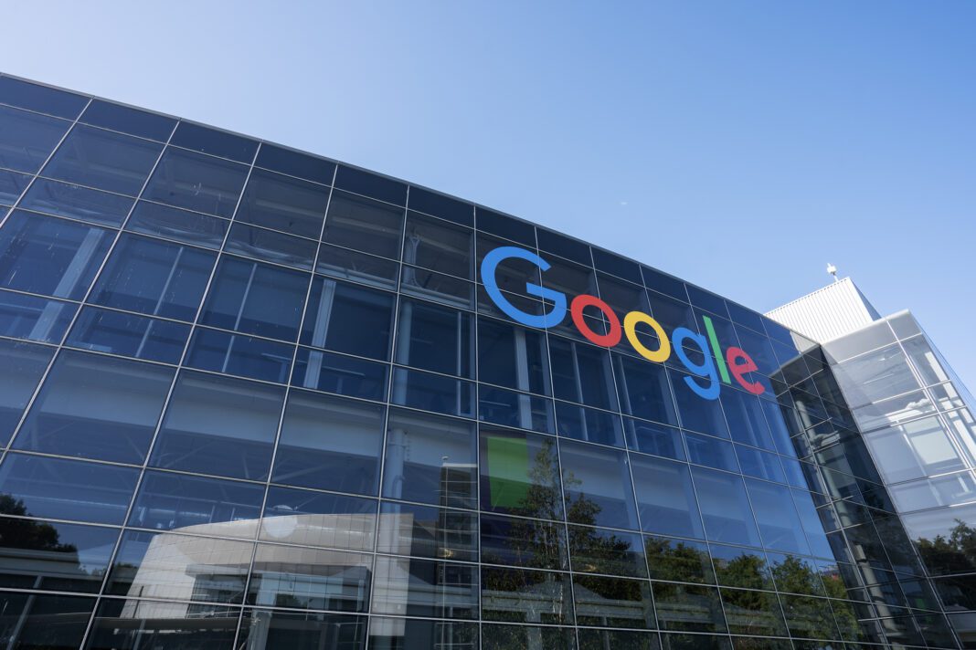 Mountain View, CA, USA - May 1, 2022: Low angle view of the main office building at Googleplex, the corporate headquarters complex of Google and its parent company, Alphabet, Inc., in Mountain View, California.