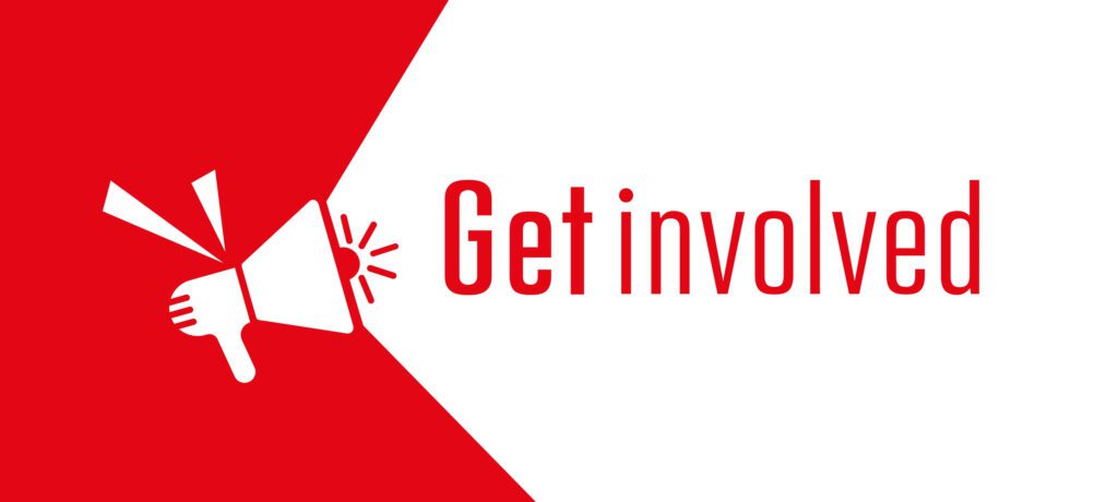 Red and white banner showing white megaphone and the words get involved.