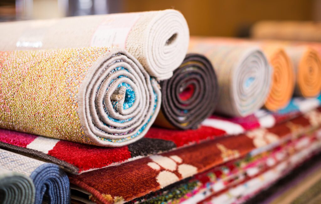 Stack of traditional colorful carpets in carpet shop